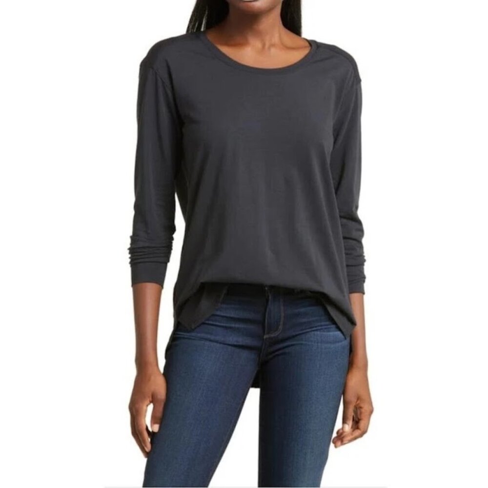 VINCE Henley Top, Dark Gray Long Sleeve Cuffed Sleeves Cozy Boho Solid Casual, M